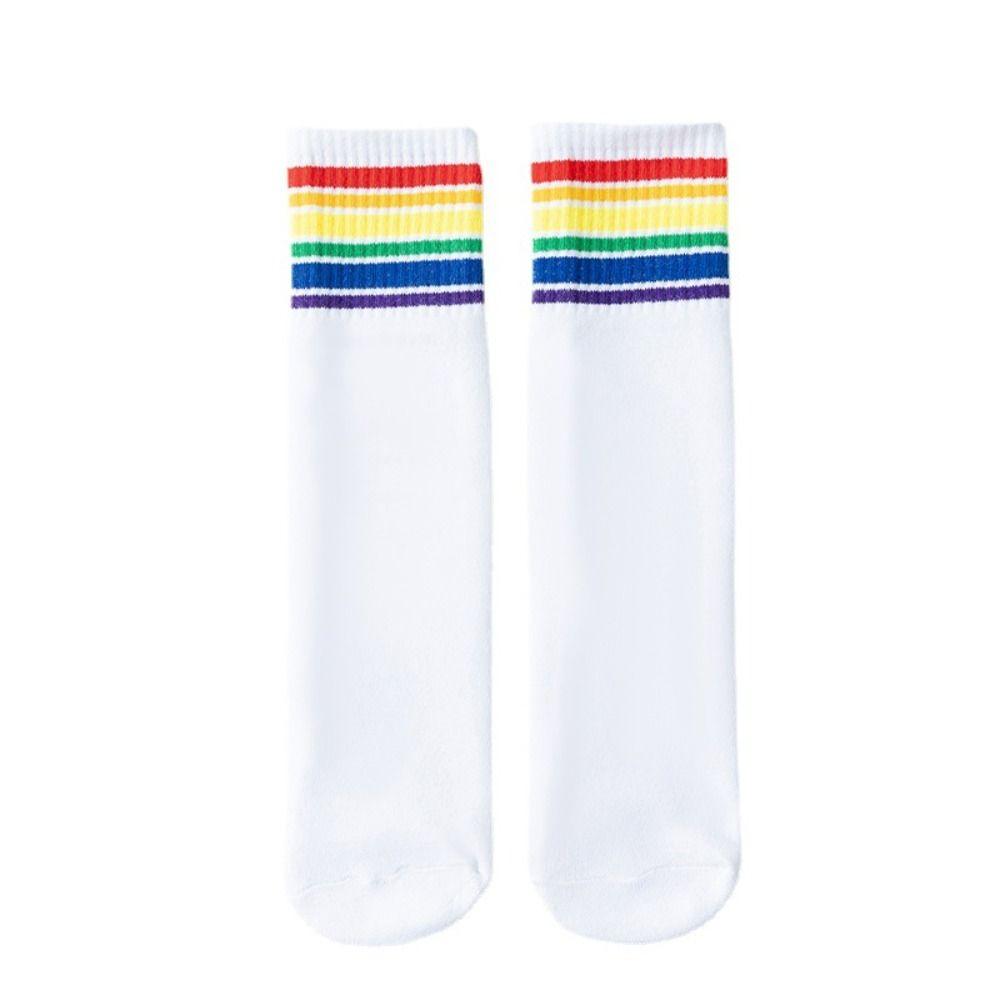 6Pairs Multicolor Rainbow Stripes Socks Mid-calf Cotton Socks Cozy Rainbow Tube Sock Outdoor Sports