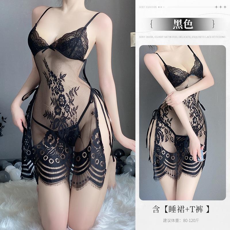 

Еротична жіноча сексуальна мереживна спокуслива підв язка піжама гаряча порожниста мереживна піжама на шнурівці перспективна чонсам One Size (80-120) чорний