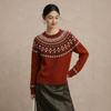 Women's Retro Fair Isle Color Block Merino Wool Sweater - Round Neck Raglan Sleeve Pullover