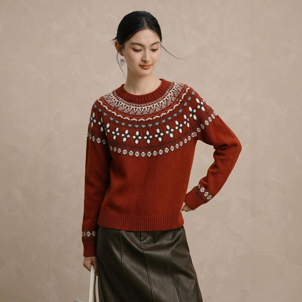 Women's Retro Fair Isle Color Block Merino Wool Sweater - Round Neck Raglan Sleeve Pullover