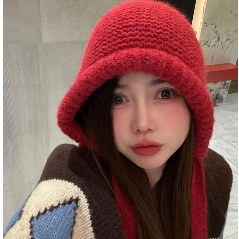 

Женская зимняя шапка для большого обхвата головы, вязаная шапка, универсальная, для маленького лица, шапка-мешок со шнуровкой, двойного назначения, с защитой для ушей, головной убор