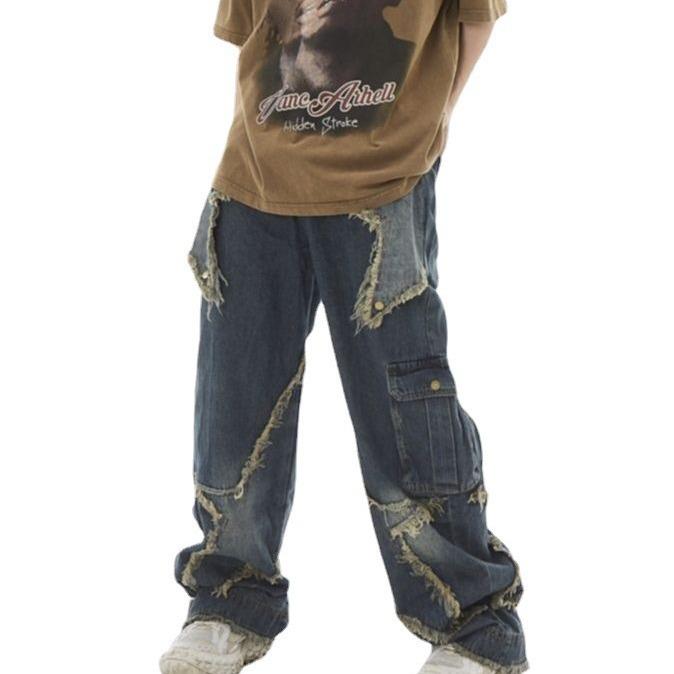 Unisex American Retro Wide-Leg Jeans with Raw Edge for Spring and Autumn