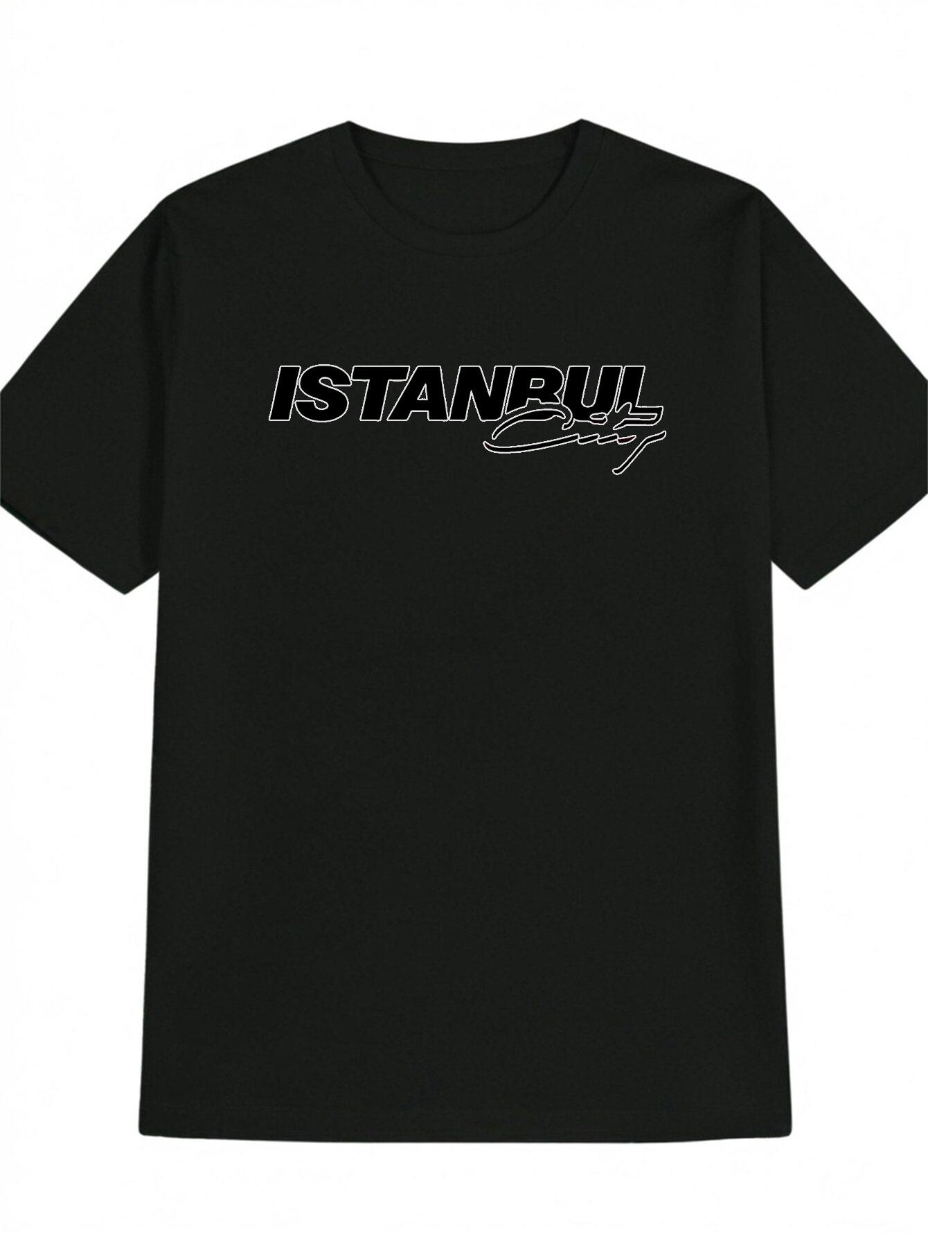 Casual Short Sleeve T-shirt with Istanbul City Graphic Print - Black & White Lettering XL