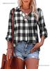 V-neck Long Sleeve Plaid Pullover Lapel Loose Fit Women's Shirt