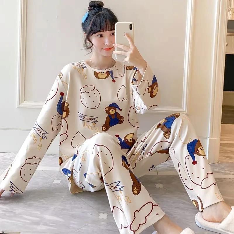 Long-Sleeved Pyjamas Female Fall and Cold Season Korean Version of The Large Size Ladies Home Wear Cute Cartoon Bear Pajamas Set