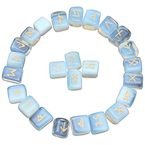 Crocon Opalite Gemstone Rune Stones Set with Elder Futhark Alphabet Engraved Symbol for Chakra Balancing Runes with Pouch :- 20-25 mm App.