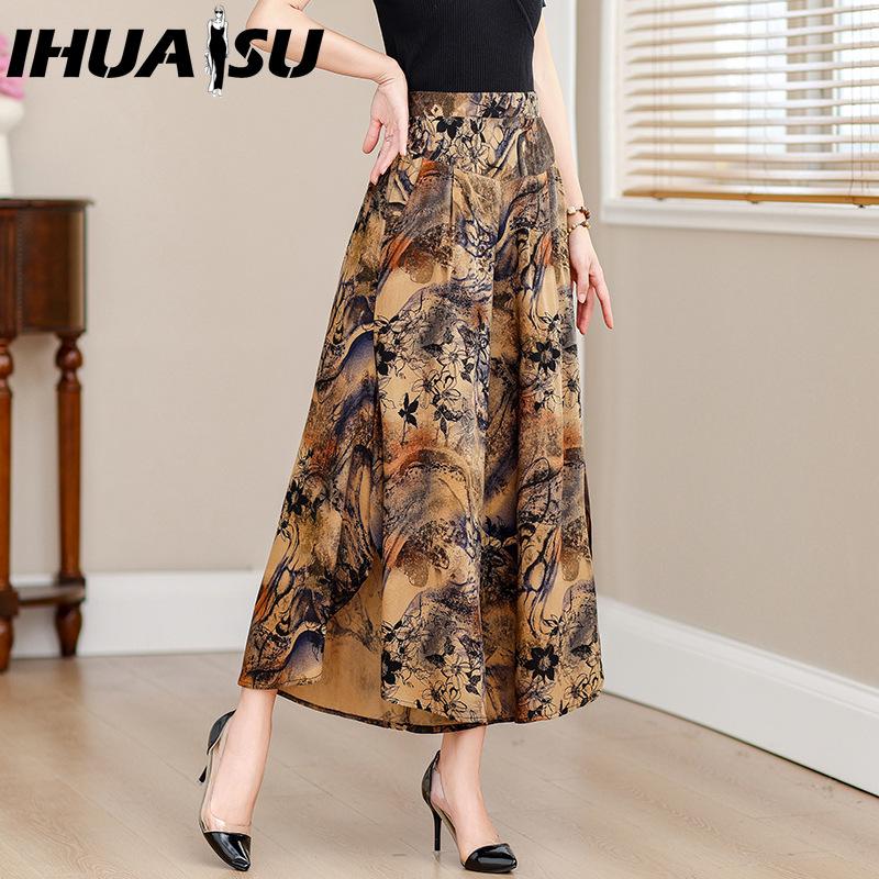 IHUASU 10 Color Summer Plus Size Wide Leg Pants Women Loose Bohemian Summer High Waist Trousers Female Pants XL-4XL