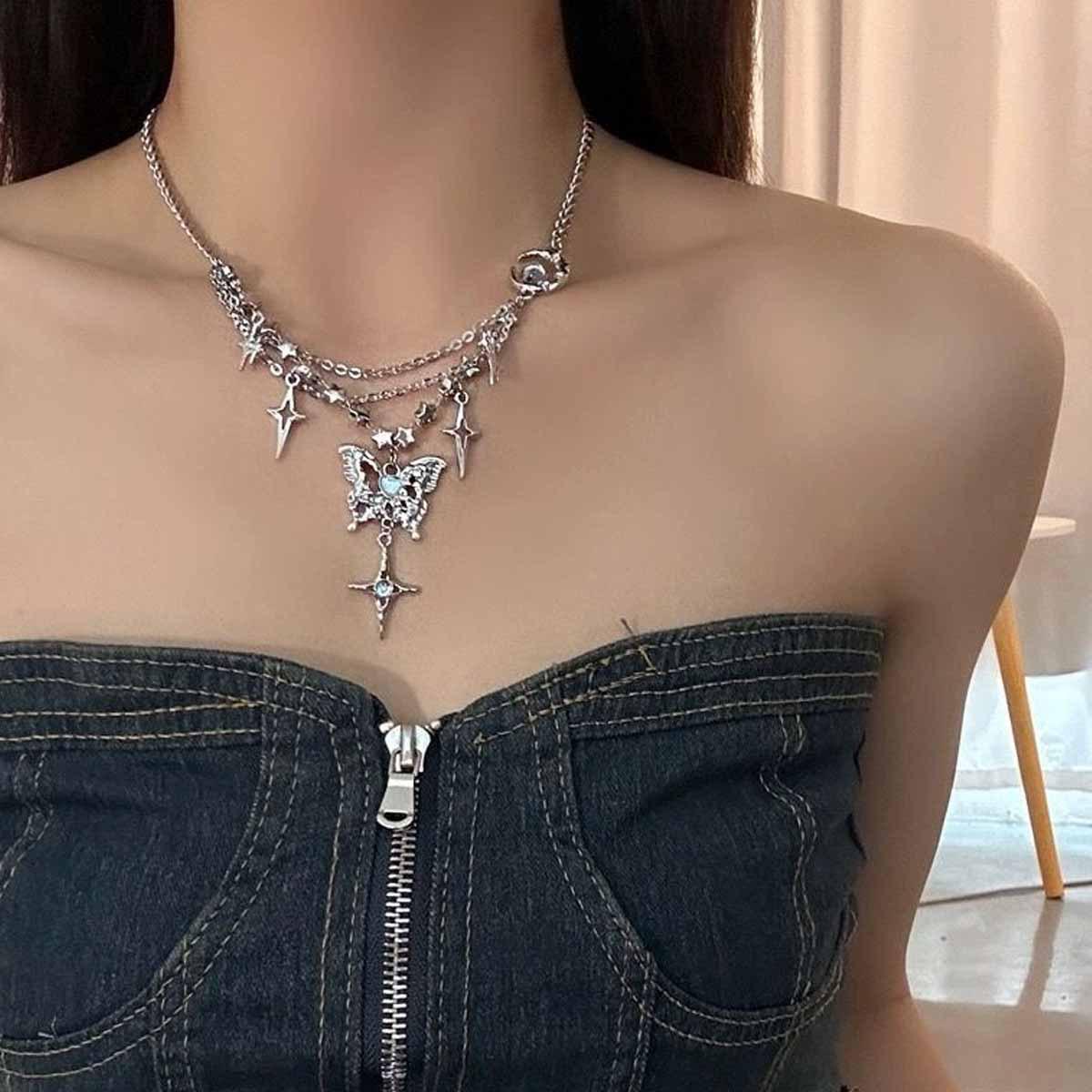 Whimsical Butterfly Moon Tassel Necklace - Elegant Fairy Style Choker for Women серебряный
