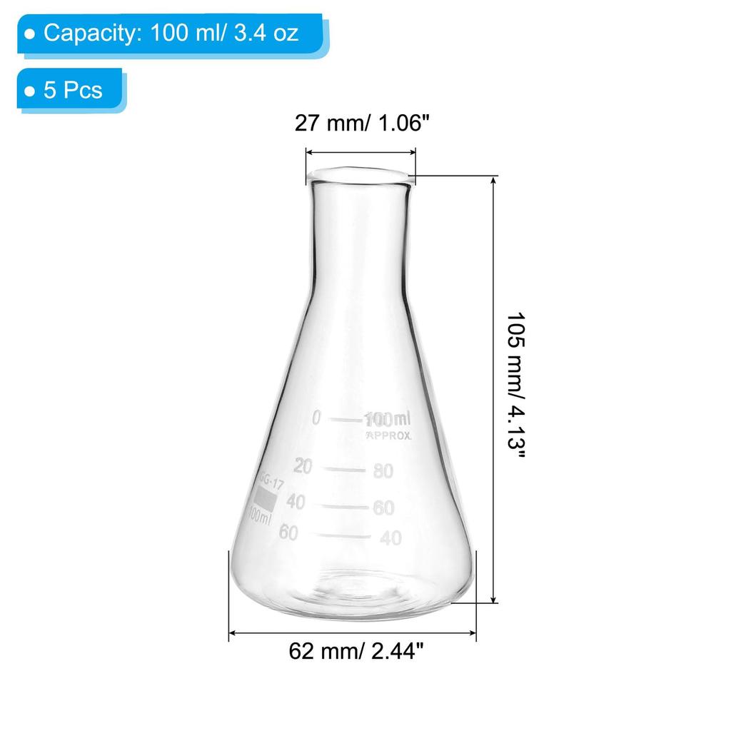 PATIKIL Erlenmeyer Flasks, Set of 5, 100ml, 3.4oz, Narrow Mouth, Graduated, Borosilicate Glass, for Experiments, Chemistry, and Science Learning