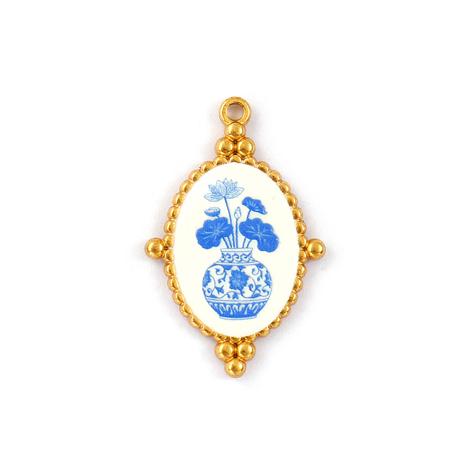 

2 PCs 304 Stainless Steel Pendants 18K Gold Plated Blue Oval Flower Printed Charms For DIY Necklace Keychain Making 3.2cm x2.1cm