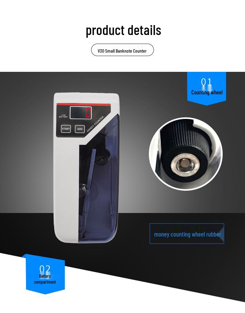 V30 Portable Multi-Country Handheld Bill Counter with Adapter & Battery