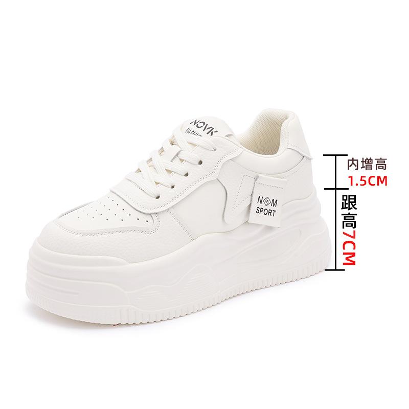 Fashion Sports Women's Shoes 2025 Autumn Height Increase Thick-soled Shallow Mouth Leather and Mesh White Shoes