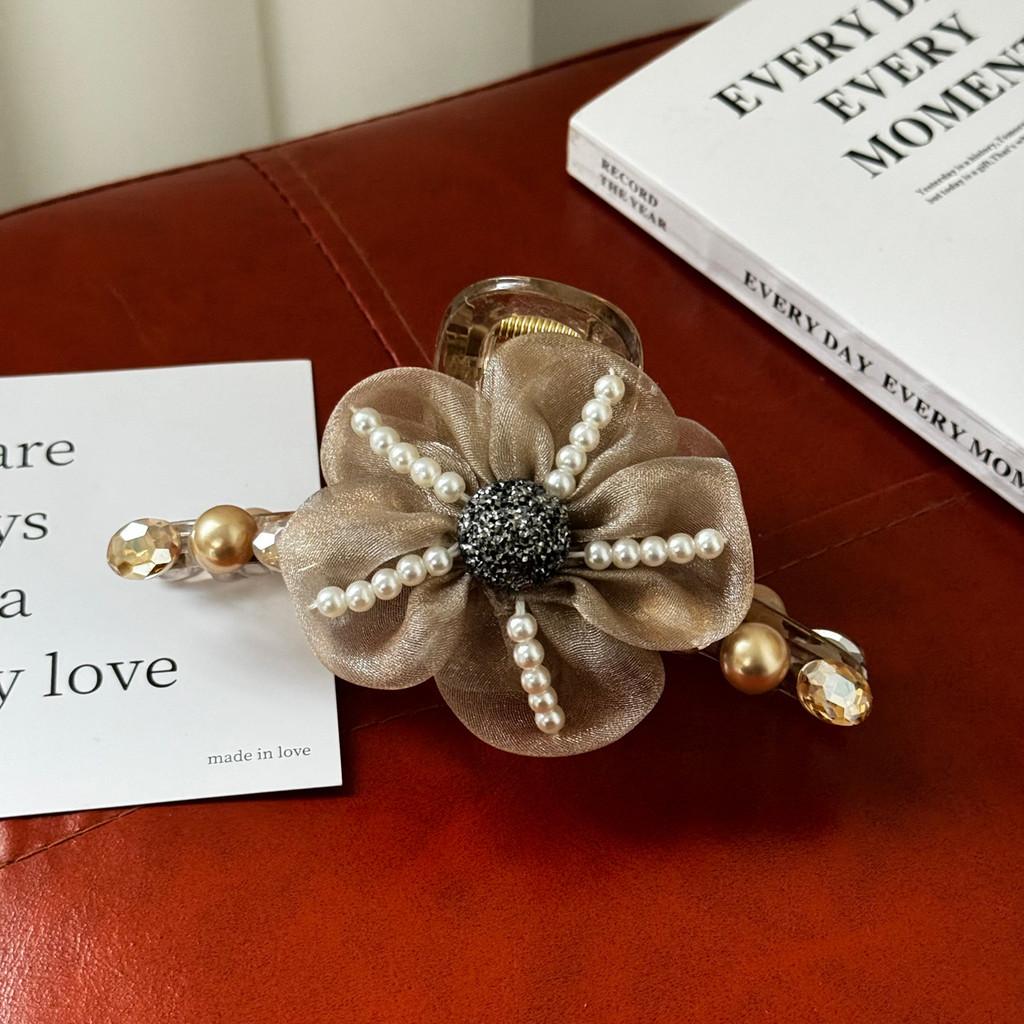 Stylish Black And Pearlescent Pink Floral Hair Claw Clip For Effortless Elegance