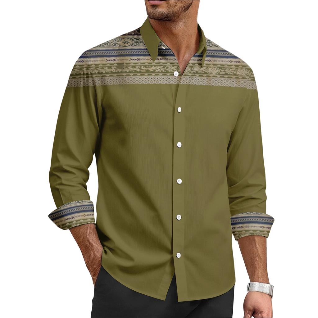 Herren Freizeit Hemd mit stilvollem Retro-Textur-Druck - Herren Langarm Oberteil mit Kragen und Knöpfen