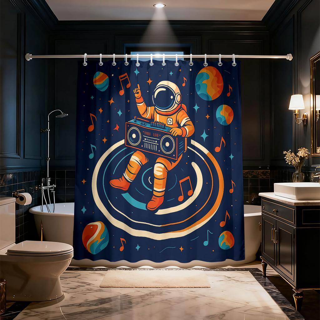 1PC Cartoon Astronaut Boombox Starry Sky Shower Curtain, Waterproof Fabric Bathroom Partition Privacy Hanging Curtain