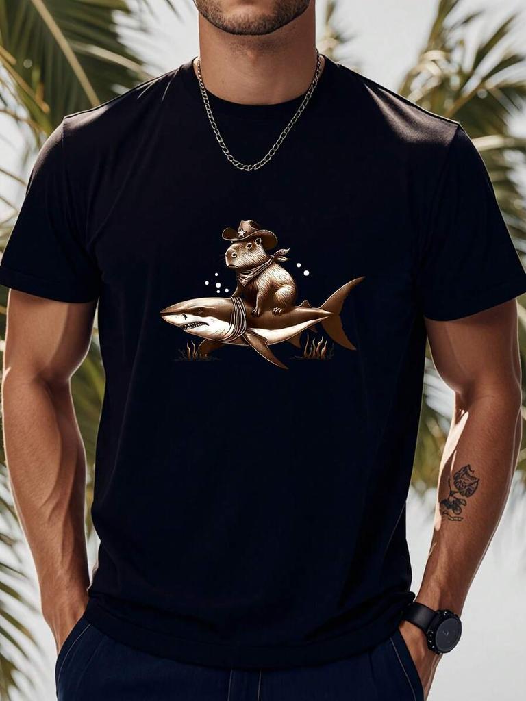 Unisex's Funny Cowboy Capybara Riding Shark Graphic T-Shirt