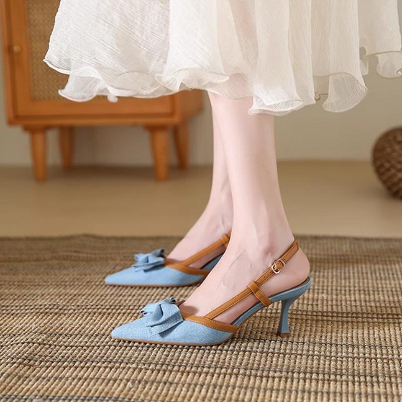 

Fashion Denim Blue Summer High Heel Women s Sandals Fashion Mules for Ladies Butterfly-Knot Party Dress Shoes 40 небесно-голубой