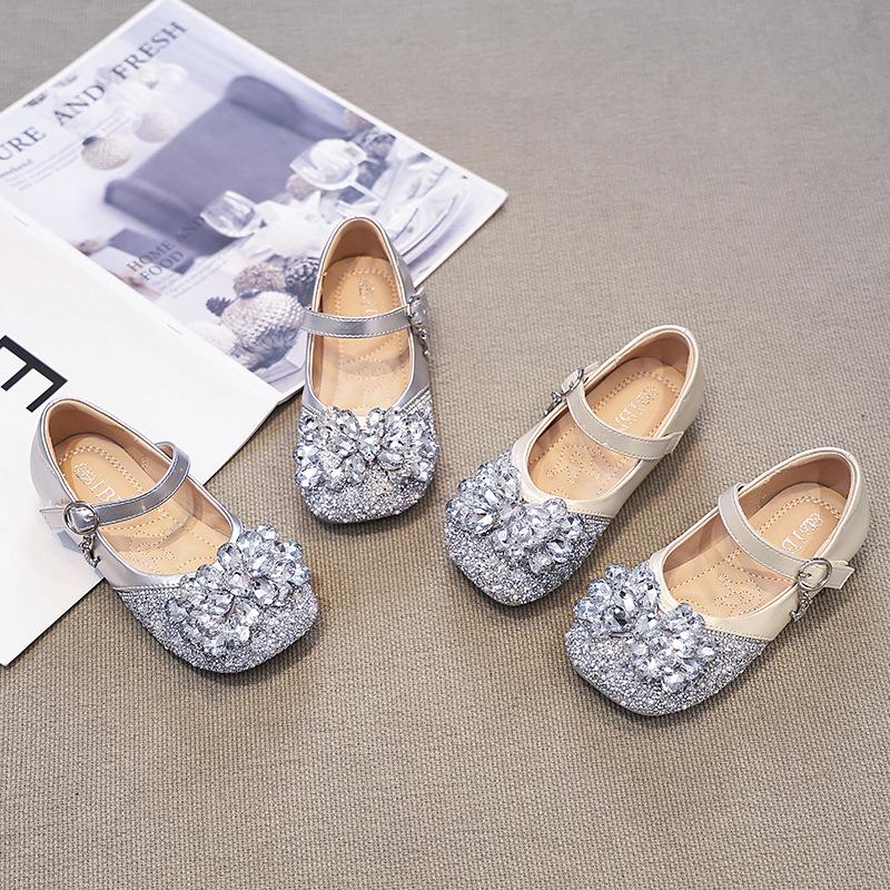 Girls small leather shoes silver princess shoes 2025 new spring children's shoes soft sole women's treasure crystal shoes Elsa