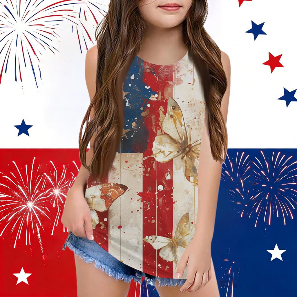 Girls  Kids Summer Crewneck Sleeveless Shirts Tank Tops Independence Day