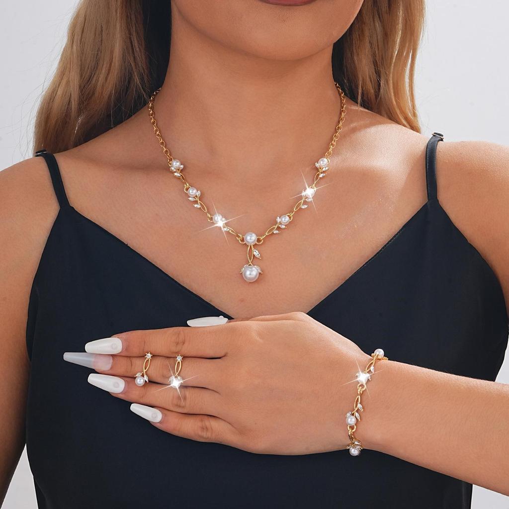 Elegant Pearl Rhinestone Flower Jewelry Set: Necklace, Earrings & Bracelet for Weddings & Banquets