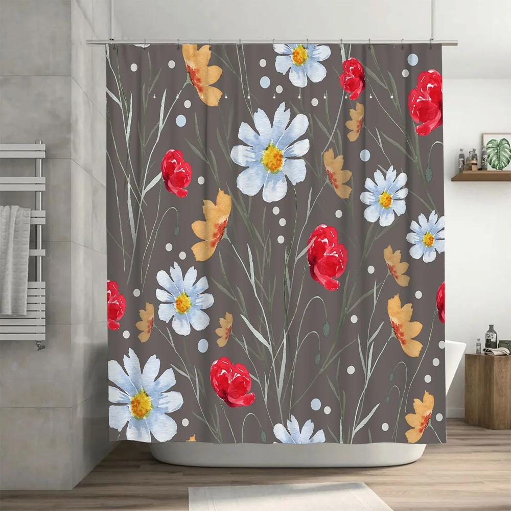 Creative Printed Shower Curtain Waterproof Bathroom Decor Floral Blue White Red Yellow Orange Polyester Fabric