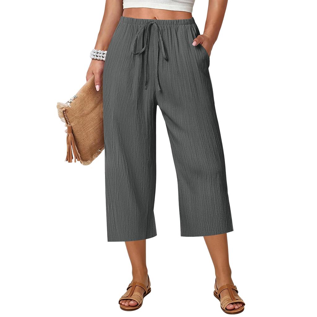 Women Drawstring Waist Wide Leg Pants Loose Fit Cropped Trousers Lightweight Elastic Waistband Casual Style