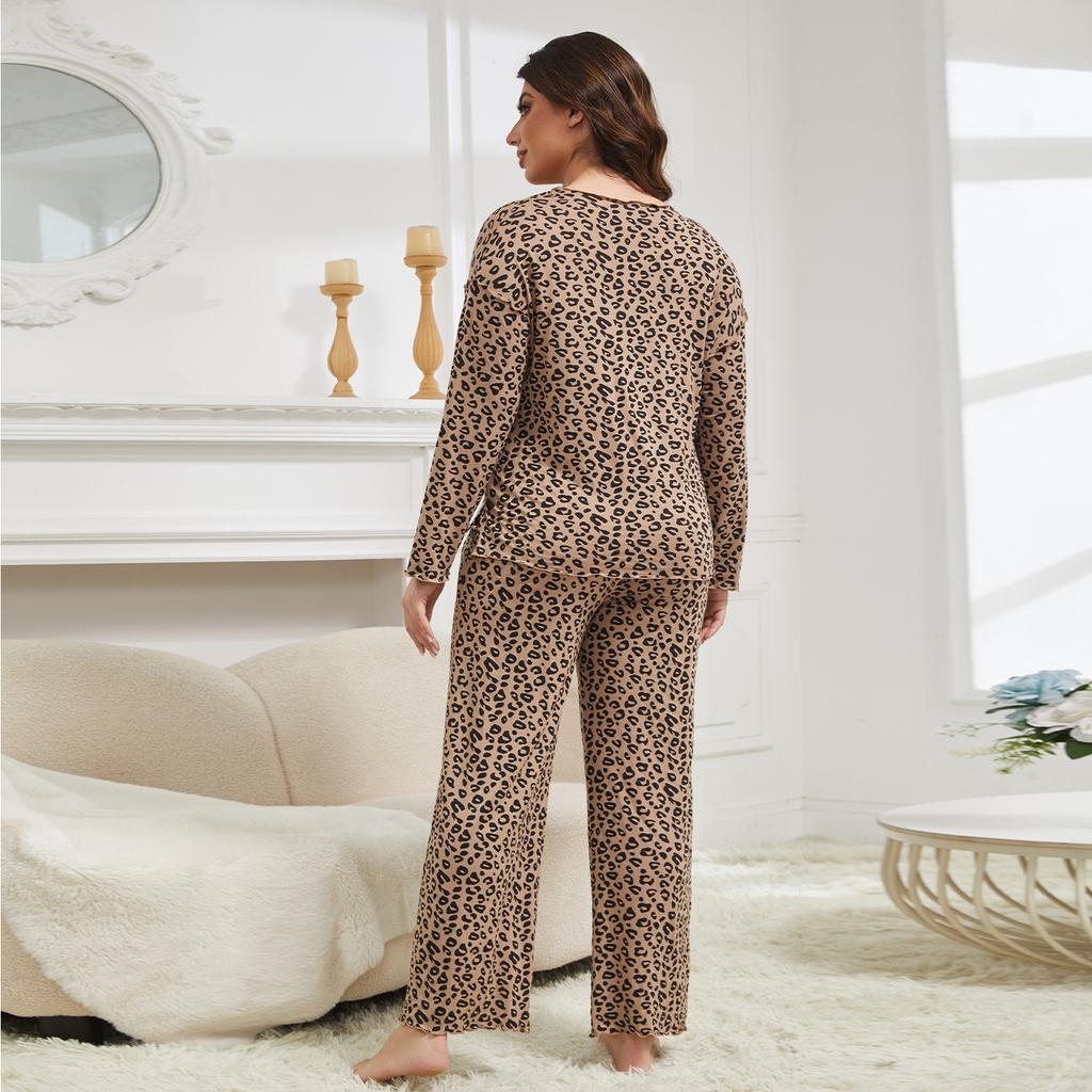 XL až 5XL Nadměrné velikosti Leopardí pyžamové sady Módní domácí oblečení 2dílný oblek Tričko s dlouhým rukávem a kalhoty Pohodlné noční oblečení Ležérní oblečení na spaní