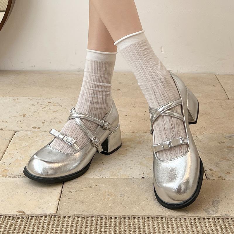 Red French round head light mouth thick high heel single shoes women's summer 2025 new skirt versatile height-increasing Mary Jane shoes