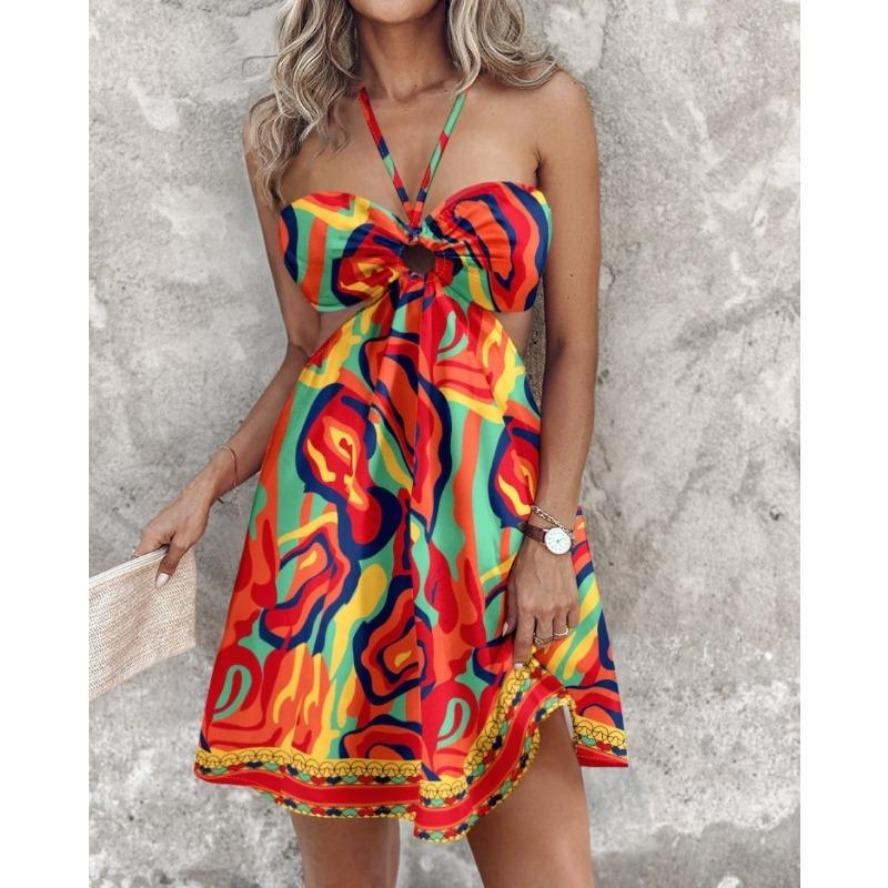 YYFS Women's Fashion Summer Spring Sleeveless Hanging Neck High Waist Casual Dresses