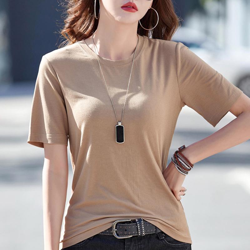 

Летние футболки с короткими рукавами, женские тонкие топы из смесового хлопка с круглым вырезом, футболки Za, женские корейские синие простые однотонные футболки