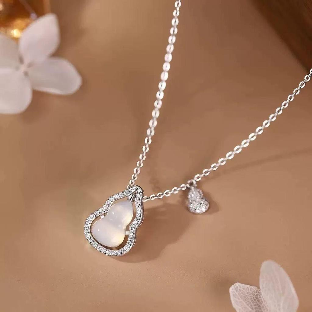 "Fu Lu Shuang Quan" White Chalcedony Gourd Necklace - 925 Sterling Silver, Luxurious Chinese Style Clavicle Chain for Women