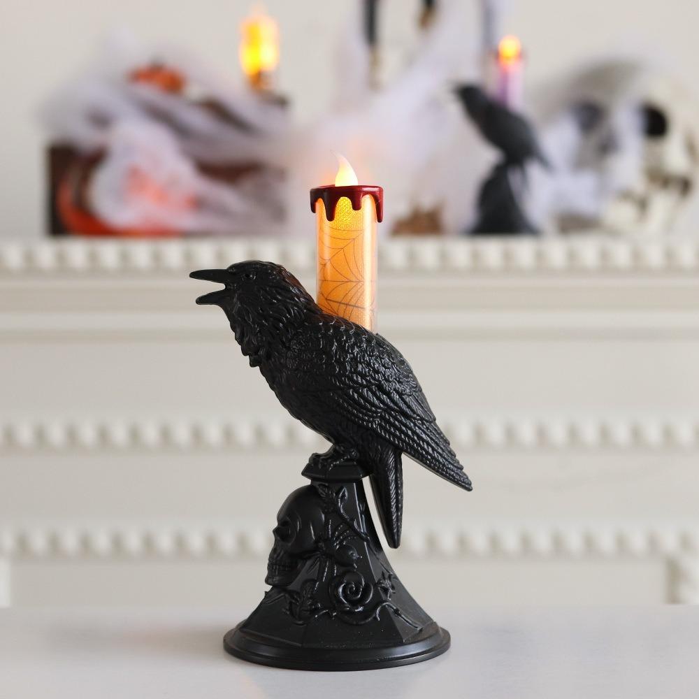 Realistic Black Crow Statue Glowing Candlestick Luminous Table Lamp Raven LED Candles Bar