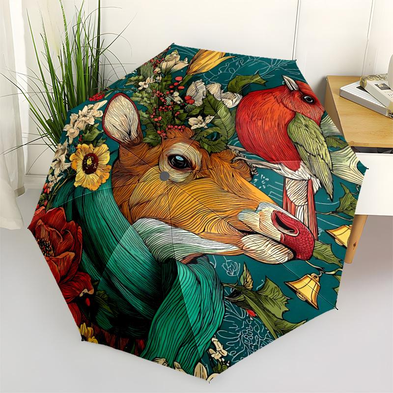 1PC Animal Art Floral Illustration Automatic Folding Umbrella, Portable & Foldable Design with 8 Ribs, 91