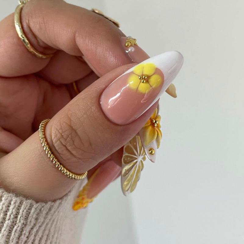 24st Press-On AkrylNaglar 3D Citron Gradient Gul & Vit Blommig, Mini StålPärlor, Franska Falska Nageltippar, SommarManikyr NageldekorationsMaterial