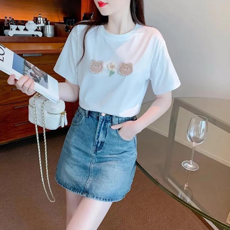 Bear White Cotton Short-sleeved T-shirt for Women Summer New Pearl Design Niche Unique Top