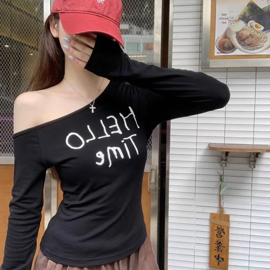 Chic Autumn Spicy Girl One-Shoulder Long-Sleeve Top - Slimming Off-Shoulder Design XL чёрный