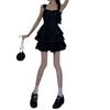 Hepburn style black fungus edge suspender dress summer sexy small man strap waist ruffle edge cake dress