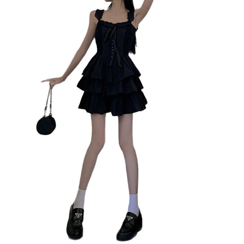 Hepburn style black fungus edge suspender dress summer sexy small man strap waist ruffle edge cake dress