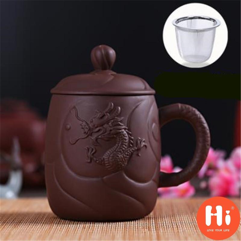 Hi fialová hlína reliéfní dračí šálky na čaj Retro hrnek na čaj s víčkem a infuzérem Ručně vyrobený šálek na vodu Nádobí na pití
