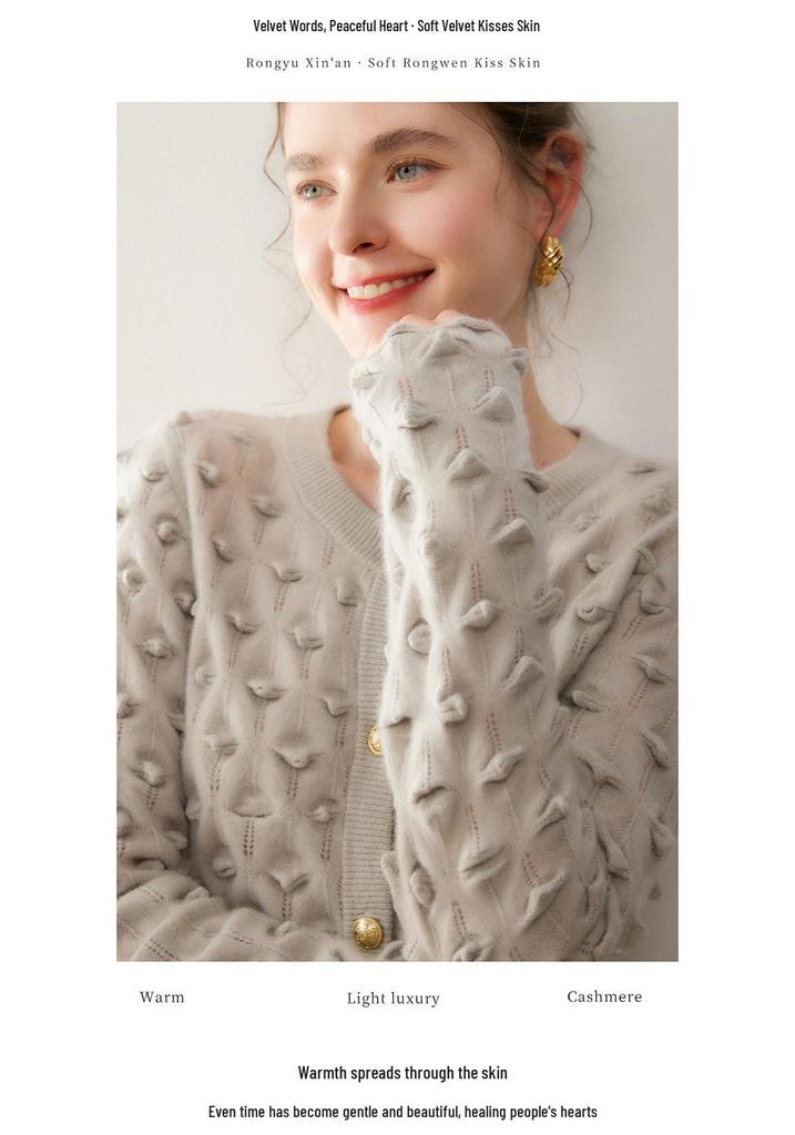Lightweight & Chic: Autumn/Winter 12-Gauge Cashmere Round Neck Hollow Knit Cardigan with Raised Dots