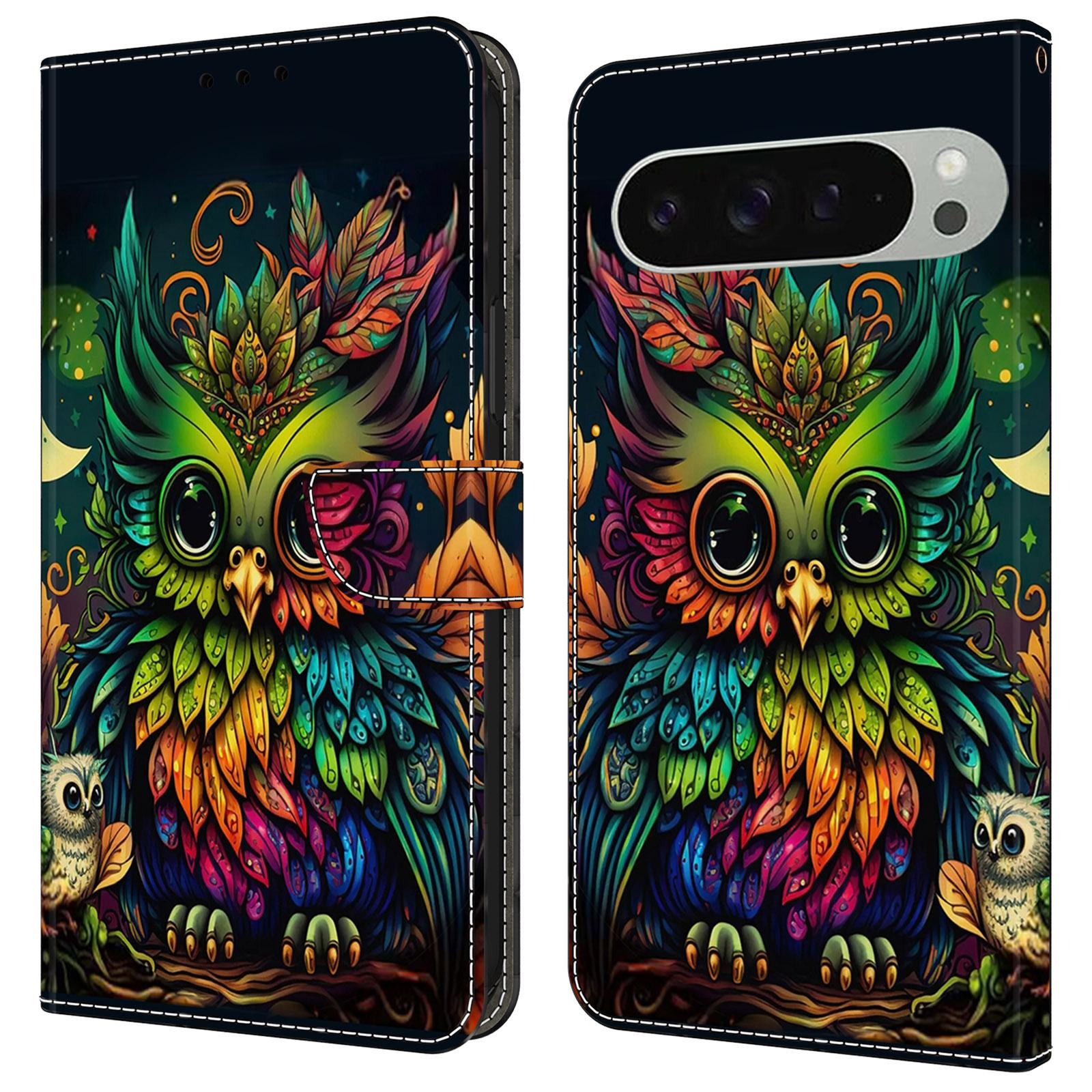 

For Google Pixel 9 Pro XL Case Pattern Printed Protective Cover TPU+PU Leather Flip Phone Case Colorful Owl