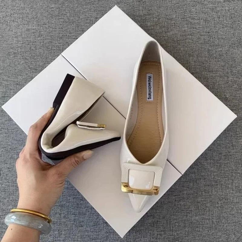 Pantofi Negri Pantofi Plați cu Vârf Pantofi Joker din Piele Lăcuită Confortabili cu Talpă Moale Pantofi Lok Fu Mărimi Mari Pantofi pentru Femei