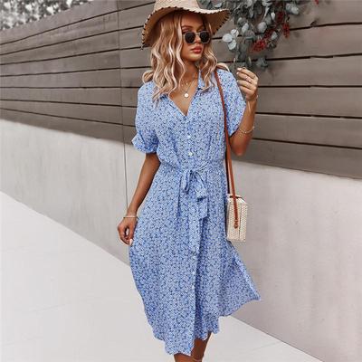 Spring Summer Women Print Dress Short Sleeve Floral Long Loose S-XL