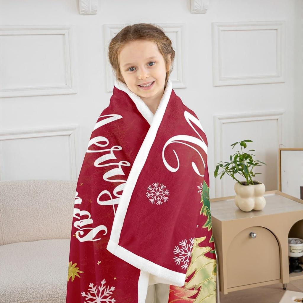 Merry Christmas Throw Blanket Watercolor Cartoon Xmas Trees Fleece Blanket for Kids Teens Adults Winter Snowflake Decor New Year