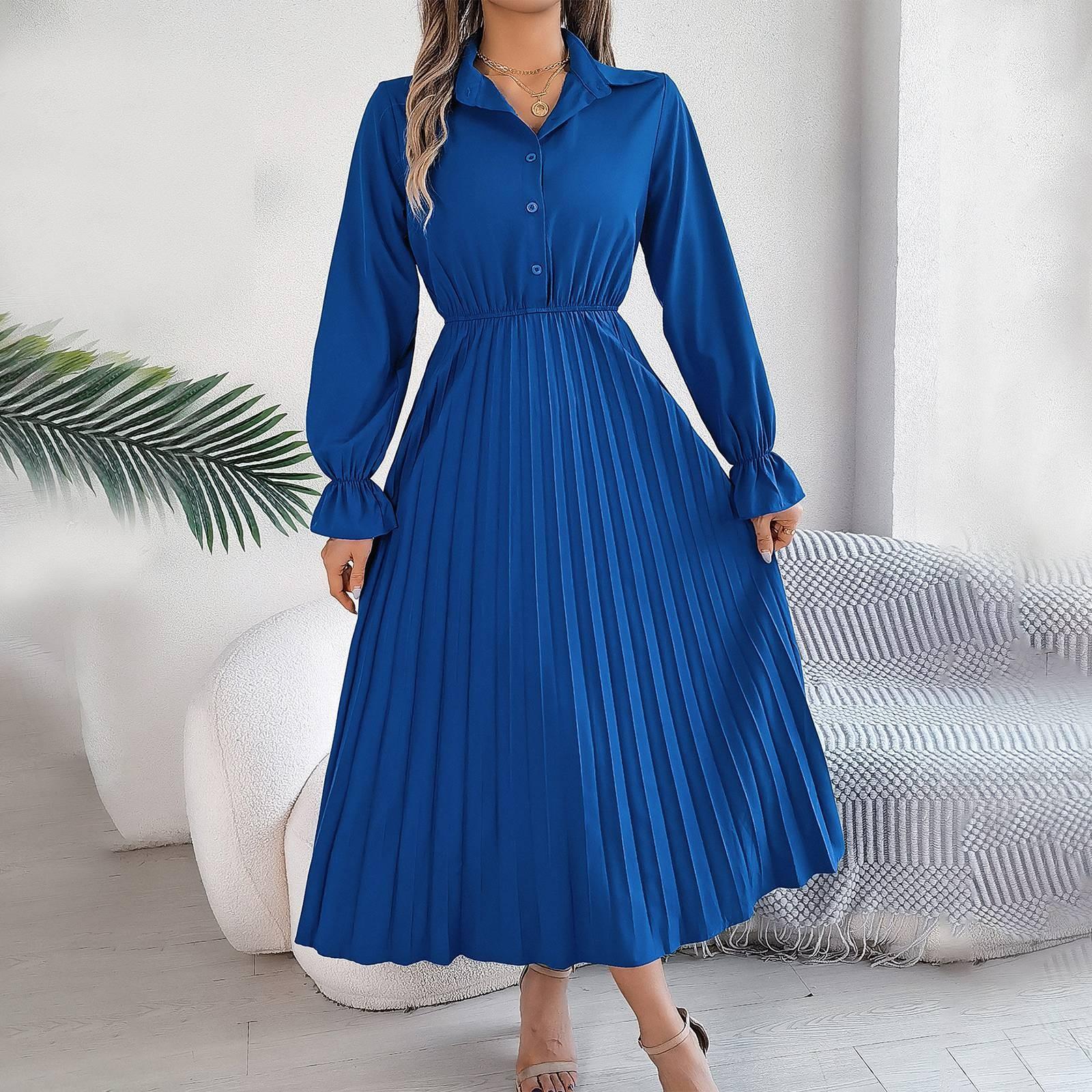 

Женское модное ретро однотонное платье с длинными рукавами и пуговицами на талии и лацканами XL