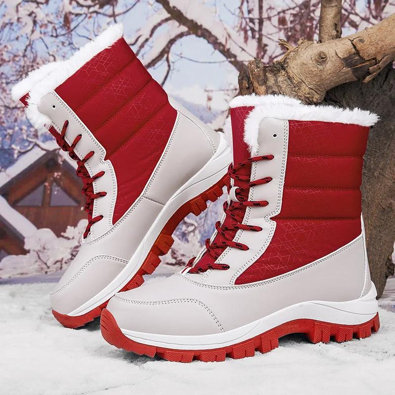 Fashion New Winter Outdoor Anti Slip Snow Boots for Women with Thick Fleece and Warm Mid To High Cut Skiing Cotton Shoes Women Shoes