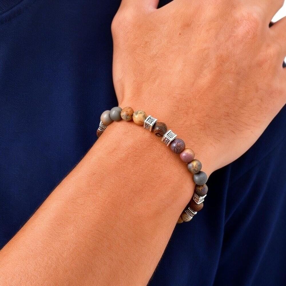 Vintage Beaded Bracelets for Men,Brown Natural Stone Adjustable Beaded Bracelet,Casual Jewelry Gift for Him