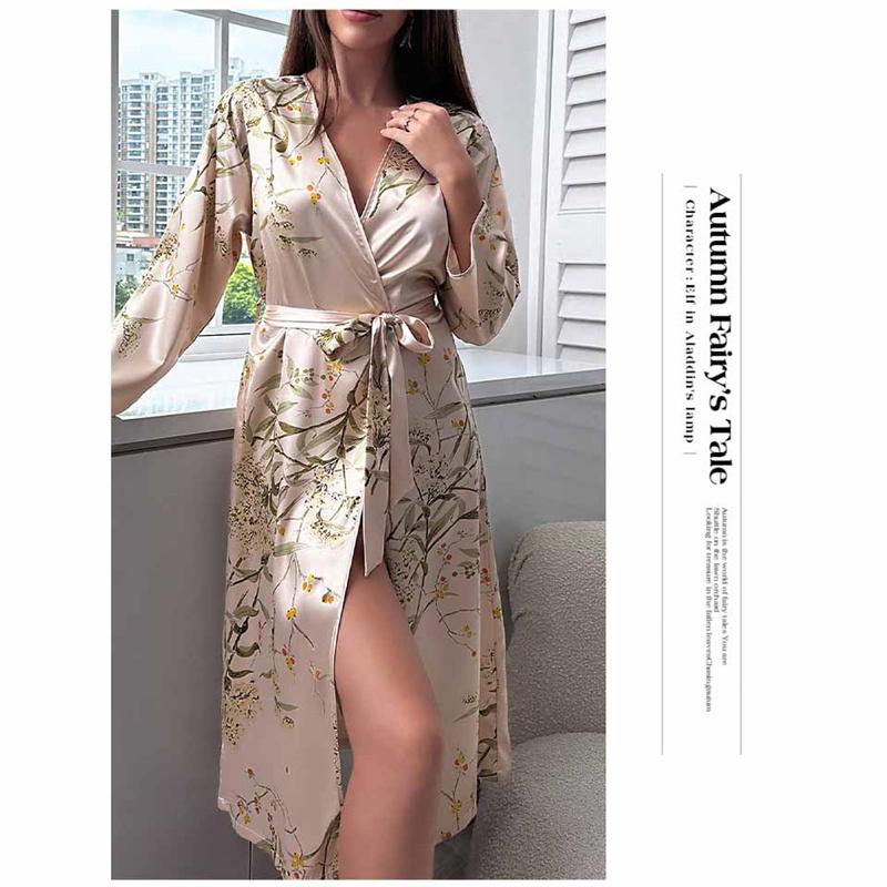 Women's Pajamas Sexy Imitation Silk Loose Household Clothes Ice Silk Cardigan Lace-up Bathrobe Pajamas for Women