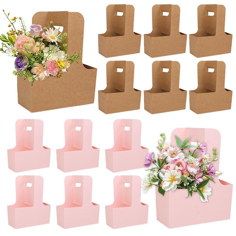 5/10pcs Kraft Paper Flower Bouquet Bags Portable Drink Coffee Take Out Holders Wedding Birthday Party Christmas Gift Packing Box