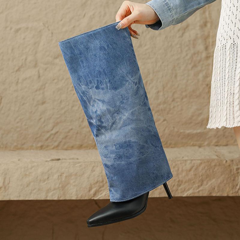 Women's High-heeled Medium Boots Autumn and Winter New European and American Style Pointed-toed Thin-heeled Large-size Cowboy Pipe Boots